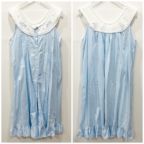 Vintage Long Night Gown Floral Bow Neckline Button Pleated Front - Picture 1 of 7